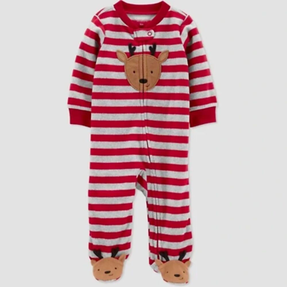 Carter's Just One You️ Baby Reindeer Striped Fleece Footed Pajama 0M/Newborn